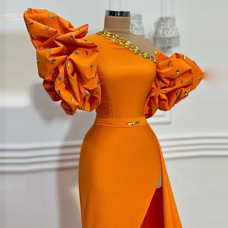 Robe de soirée en Satin Orange, asymétrique épaule dénudée, manches courtes bouffantes, Sexy, fente latérale, bon marché, robes de Cocktail, été, 2021