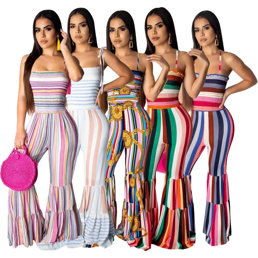 Women Summer Striped Sexy Jumpsuit Female Elegant Backless Romper Sleeveless Playsuit Casual Boot Cut Overalls Bodysuit Clothing