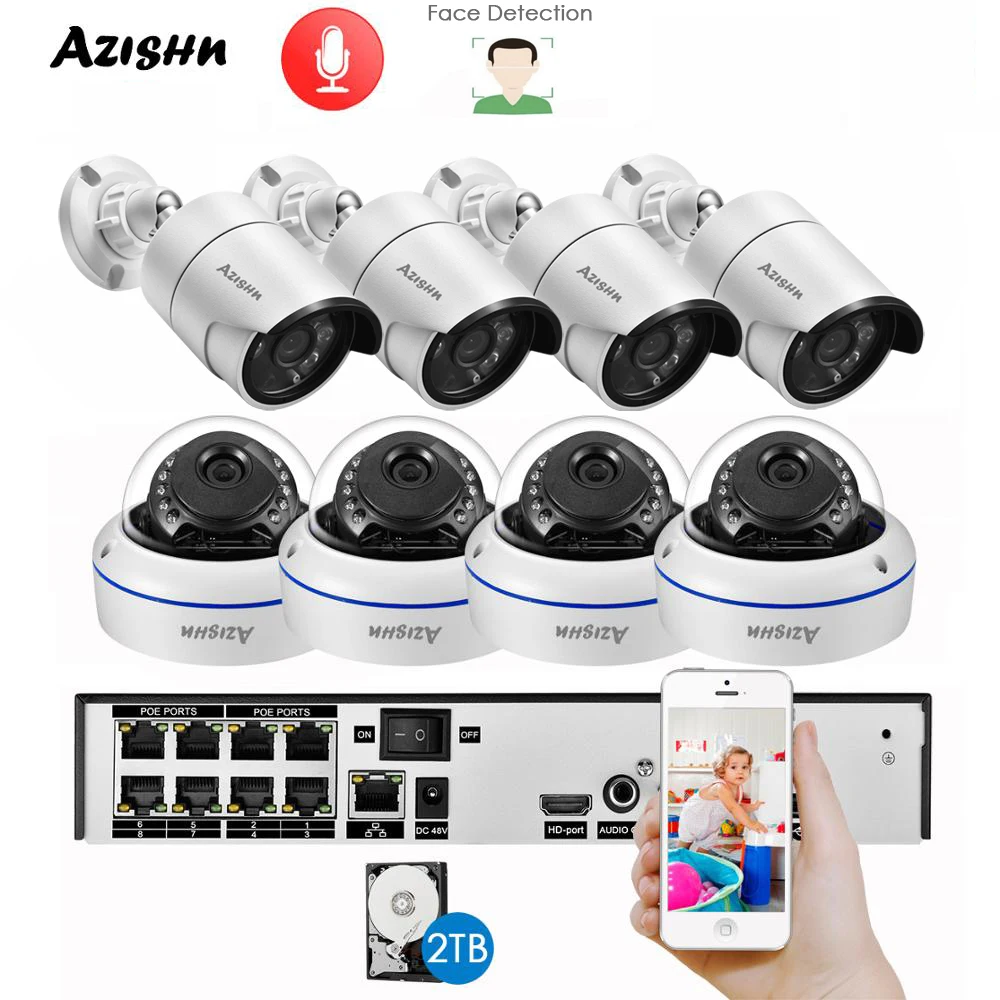 

Комплект видеонаблюдения AZISHN H.265 +, 8 каналов, 5 Мп, POE, NVR, купольная IP-камера 5 Мп, распознавание лица, P2P, комнатный/наружный комплект видеонаблюдения