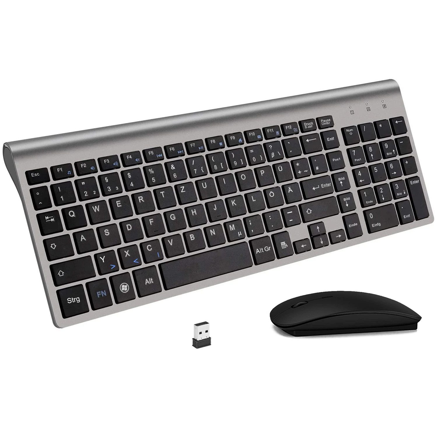 Home Office Ultra Slim German(QWERTZ) Wireless Keyboard and Mouse 2.4G Silent Compact Scissor Key for Computer Desktop Tv Box