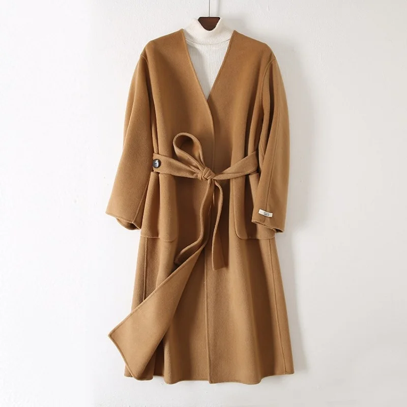 Winter Autumn Women Solid Color Wool Overcoat Luxury Elegant Loose Belt Medium Long Jacket Fashion Office Lady V-Neck Coat