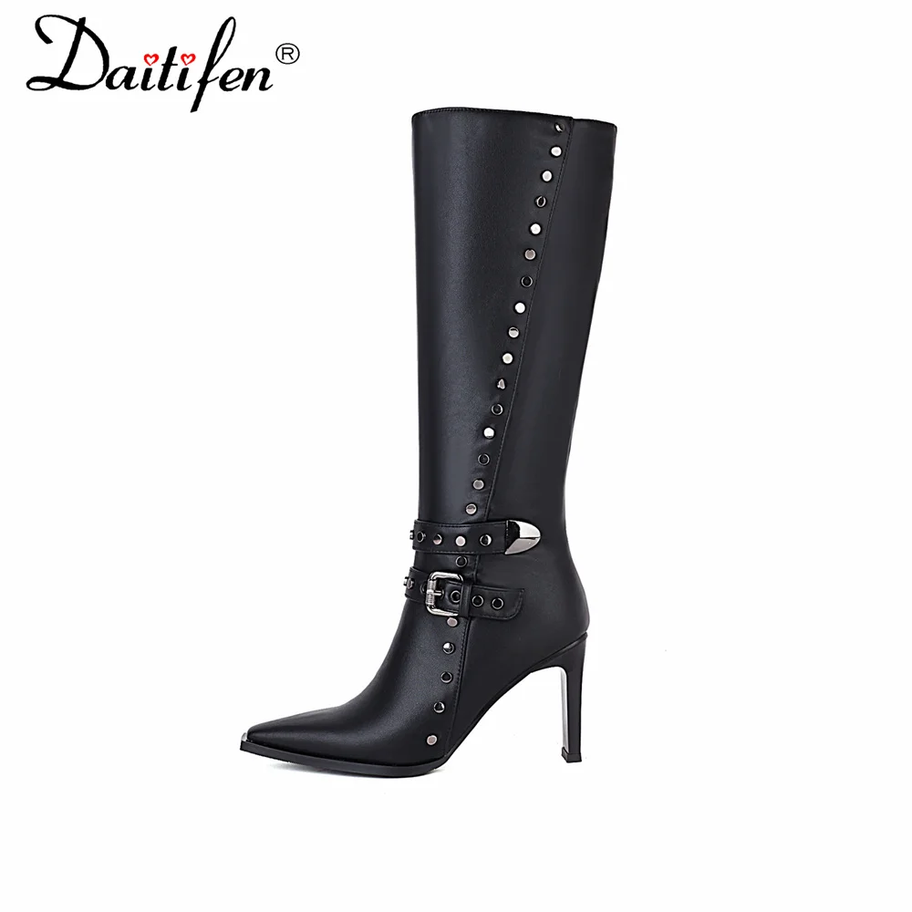 

Daitifen Women Fashion Winter Keep Warm Boots Rivet Knee-High Boots Women Pointed Toe Thin Heels Pumps Female Shoes With Fur