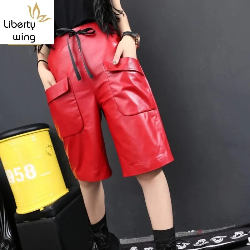 

Top Quality Women Sheepskin Genuine Leather Knee Length Harem Boyfriend Hip Hop Streetwear Trousers Loose Fit Short Pants