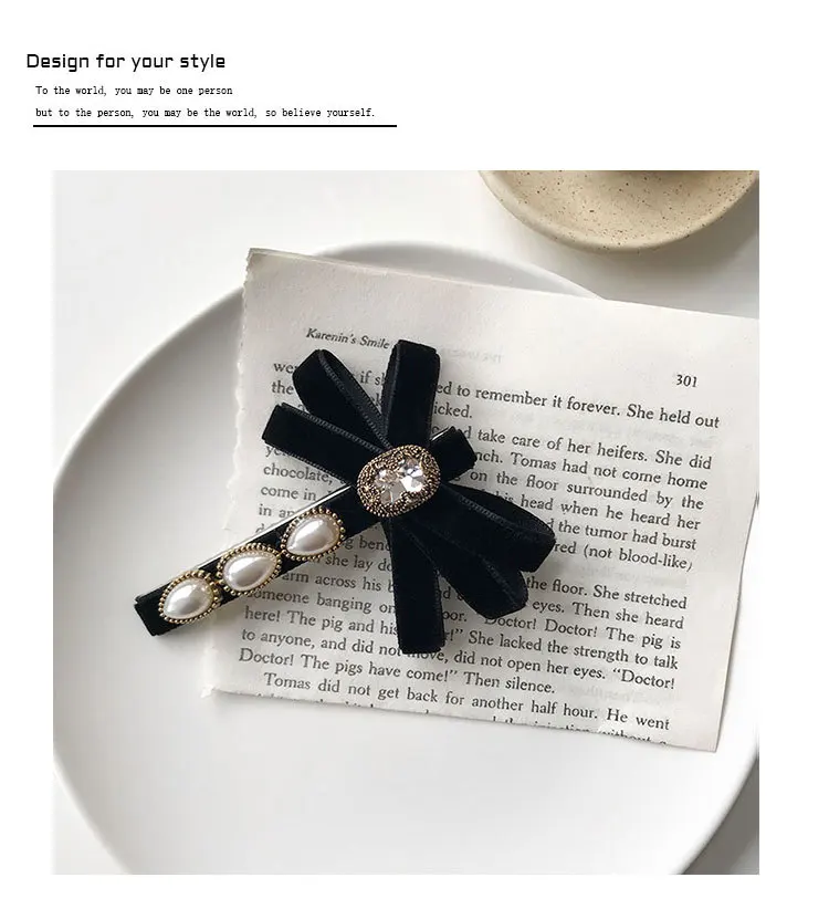 Koreanische elegante Haarnadel mit Schleife und Perlen, Netzrotes Ins-Design, schlichte schwarze Haarklammer für Pony, seitliche Haarklammer, Haaraccessoires – Detail 10