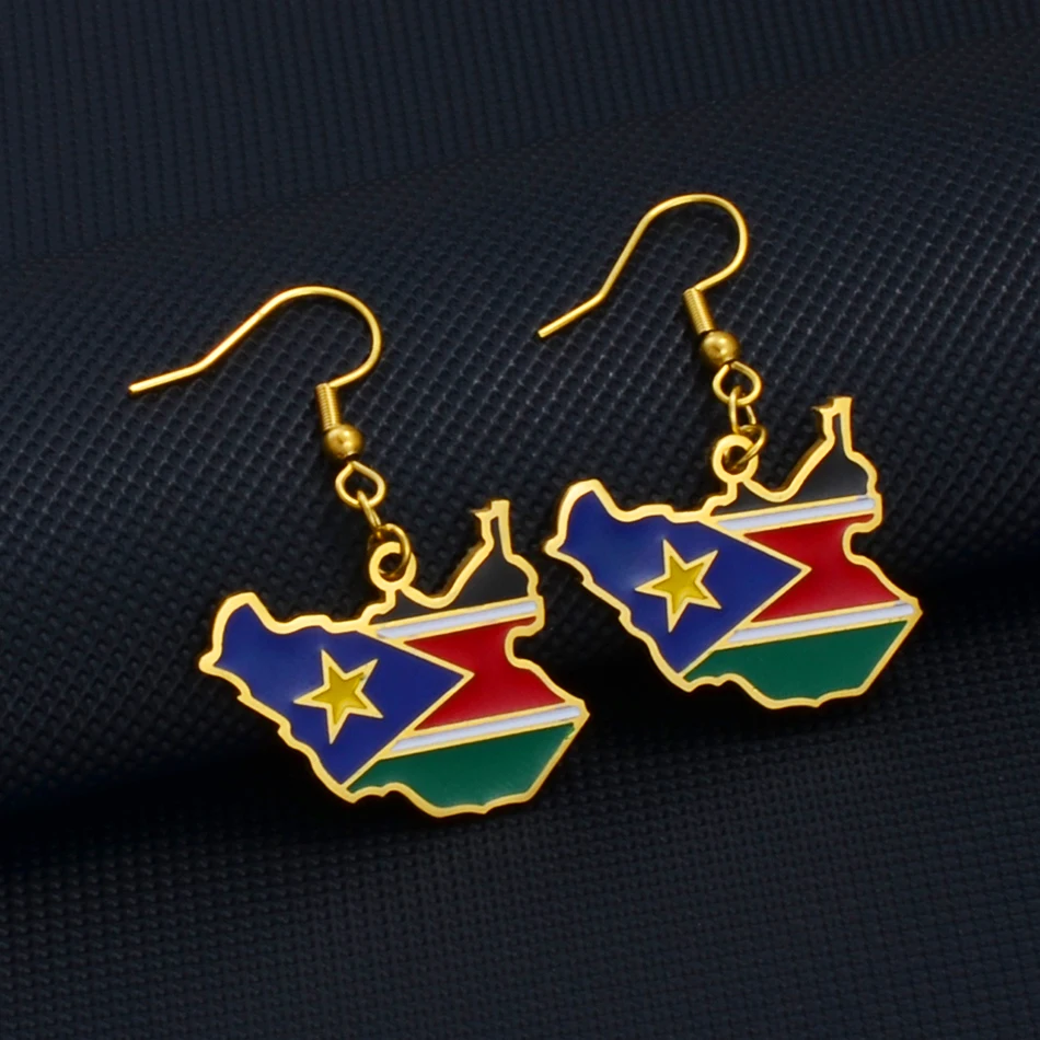 Anniyo South Sudan Map Flag Earrings for Women Girls Gold Color Jewelry South Sudanese Maps Ethnic  #231421