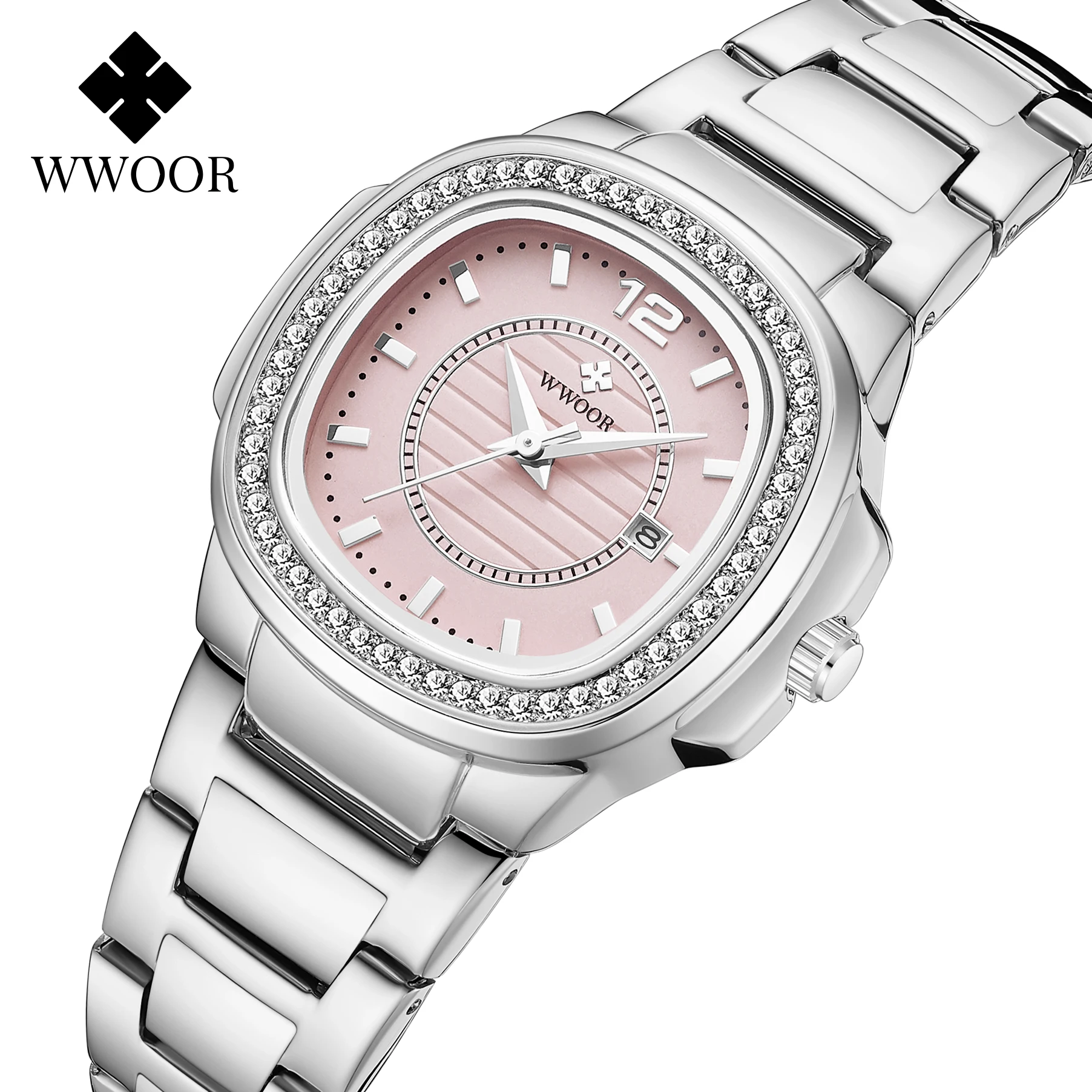 Japanese Quartz Movement WWOOR Brand Pink Ladies Bracelet   Watches Famous Luxury Fashion Design Square Steel Women Wristwatch