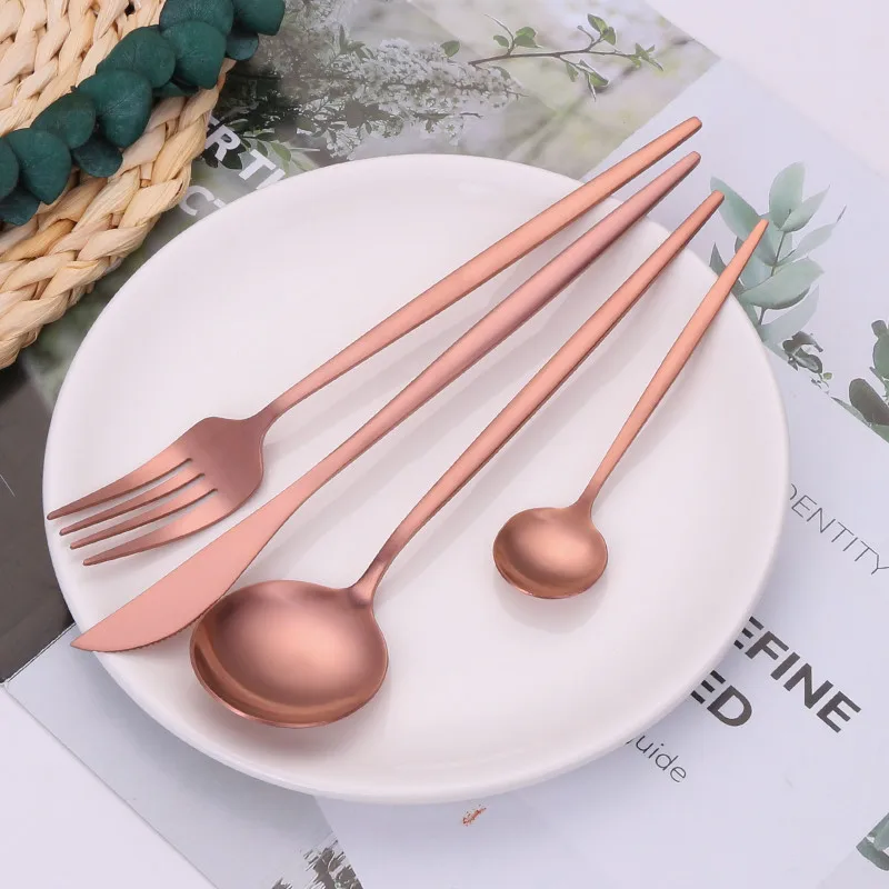 Cutlery Set Stainless Steel Dessert Knifes Forks Set Rose Gold Western Kitchen Dinnerware Set Matte Spoons Chopsticks Tableware