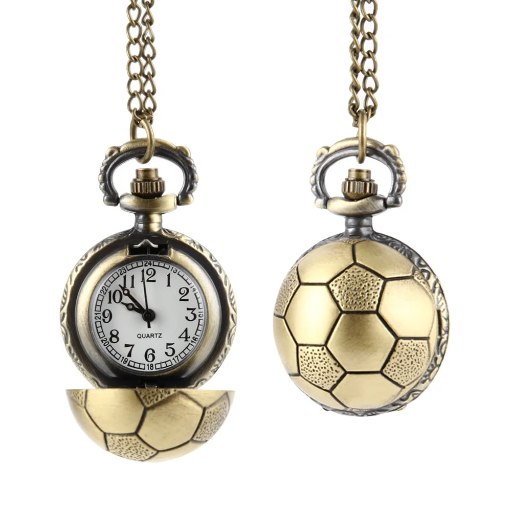 Retro Soccer Ball Shape Bronze Round Quartz Pocket Watch with Chain Necklace Jewelry Gifts EIG88