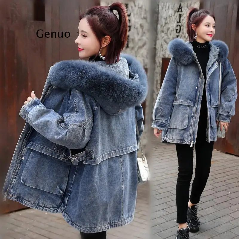 

Winter Thick Jean Jacket Faux Fur Collar Women Fleece Hooded Denim Coat Female Padded Warm Outwear Clothing