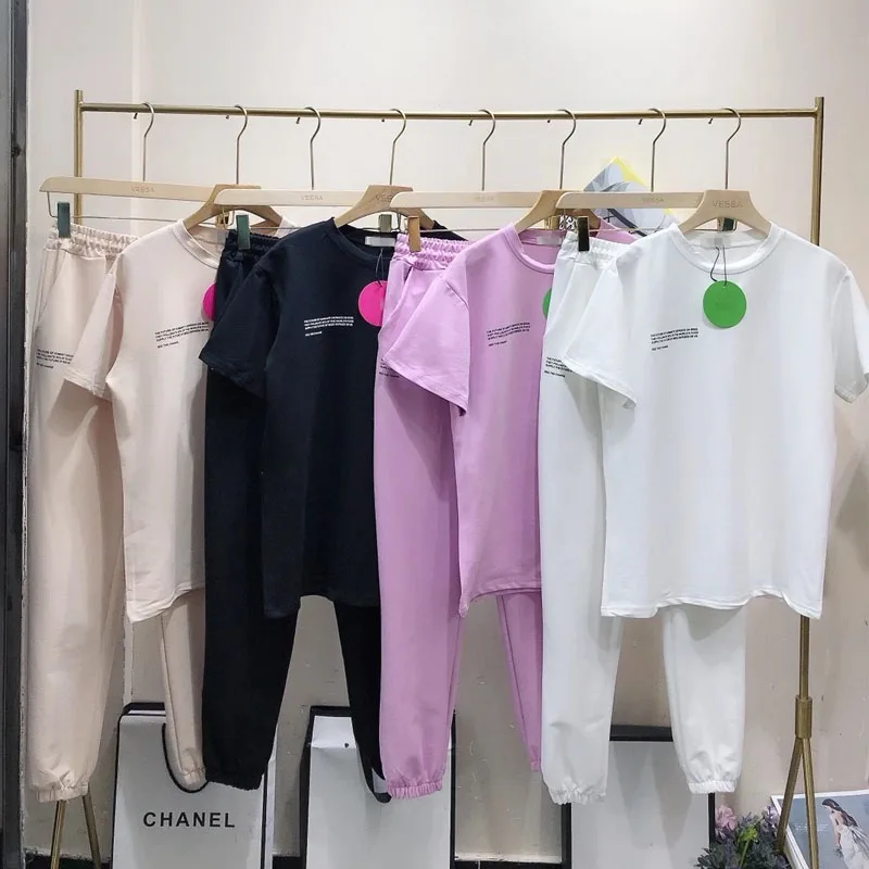 ALPHALMODA-여성용 반팔 레터 티셔츠와 조거 팬츠 세트, 봄 패션, 신상품, 2021, 2Pcs