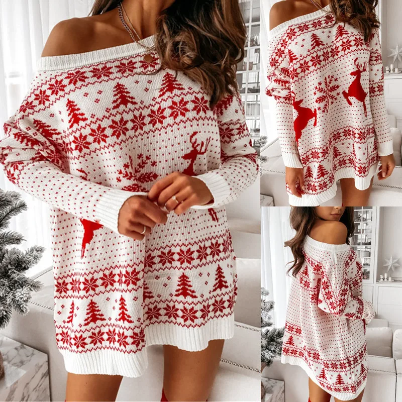 Women Christmas Sweater Dress Autumn Winter Long Sleeve Off Shoulder Kniteed Casual Pullover Oversized Fashion Jumper New