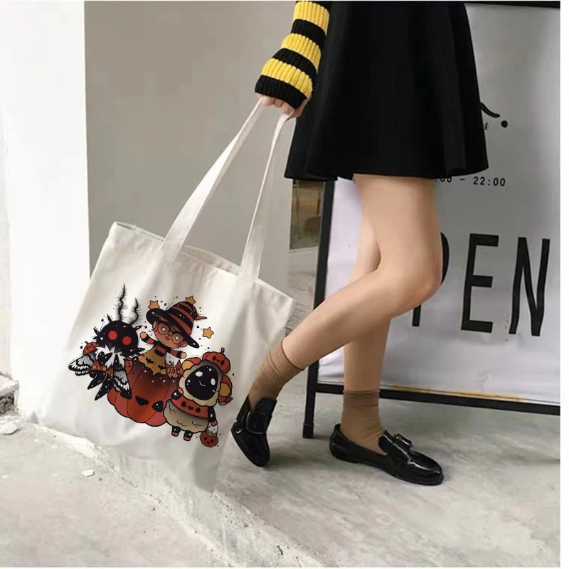 Reusable Shopping Bag Fashion Women Canvas Tote Bags Satan Cat Demon Printing Bag Cartoon Bolsa De Compras Shopper Shoulder Bags