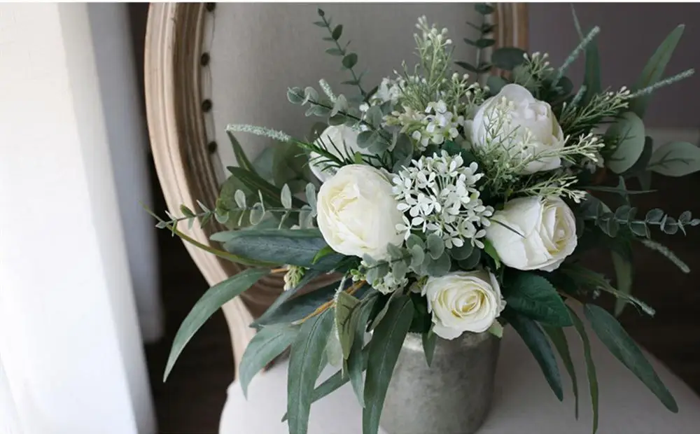 JaneVini Vintage European White Wedding Bouquets Handmade Silk Roses Green Eucalyptus Leaf Boho Bridal Bridesmaid Flower Bouquet