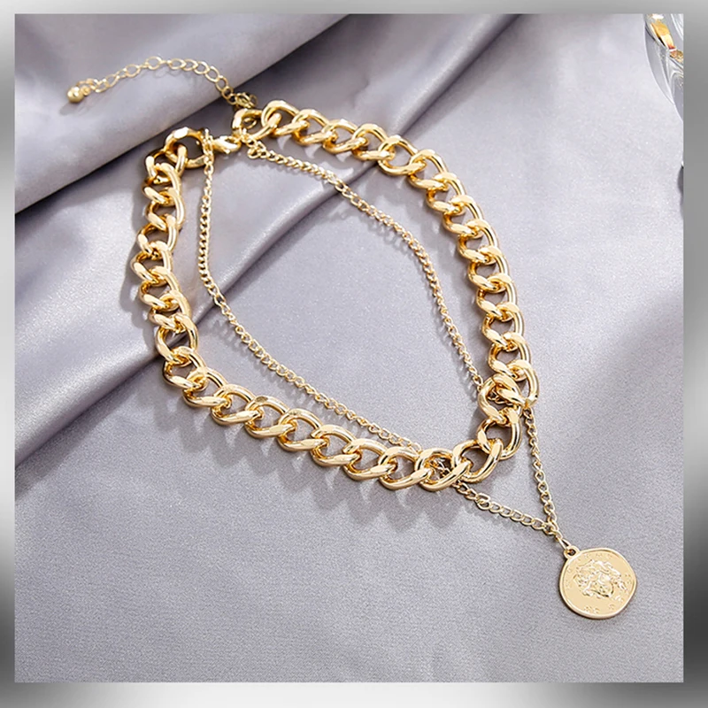 New Hiphop Necklace Multi Chains Chokers Necklaces for Women Punk Jewelry Vintage Metal Head Coin Pendant Necklace Chunky