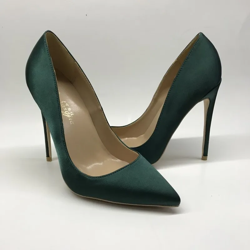 Silk Green Pointed Toe High Heels Women's Shoes Thin Heel Shallow Single Shoes 2021 Autumn New Office Lady Slip-on Lady Shoes