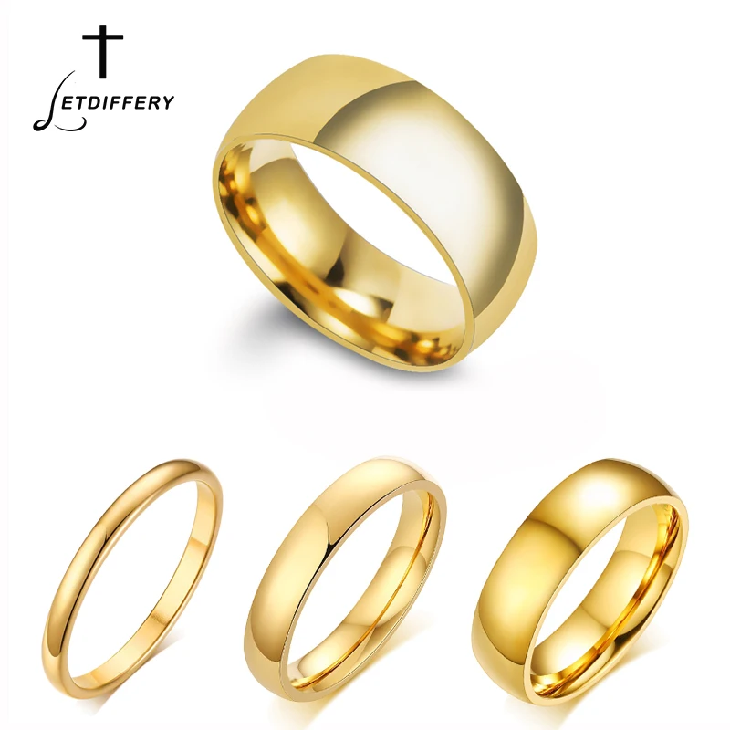 Letdiffery-anillos de boda de acero inoxidable para hombres y mujeres, joyería de moda, Simple, dorado, liso, 2mm, 4mm, 6mm, 8mm