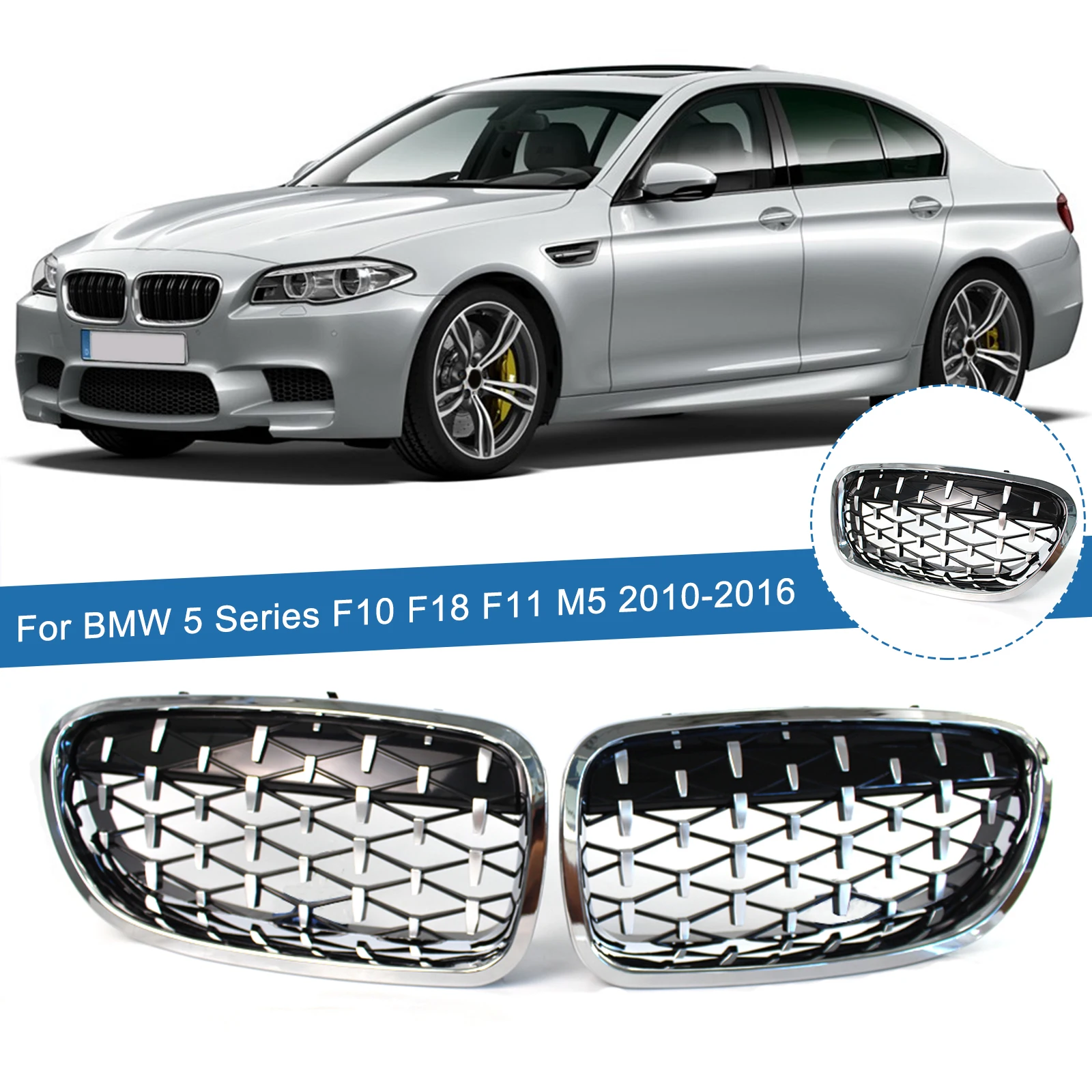 

2PCS Car Front Bumper Grills Diamond Style Kidney Grilles Racing Grill For BMW 5 Series F10 F11 F18 M5 528i 530i 535i 2010-2016