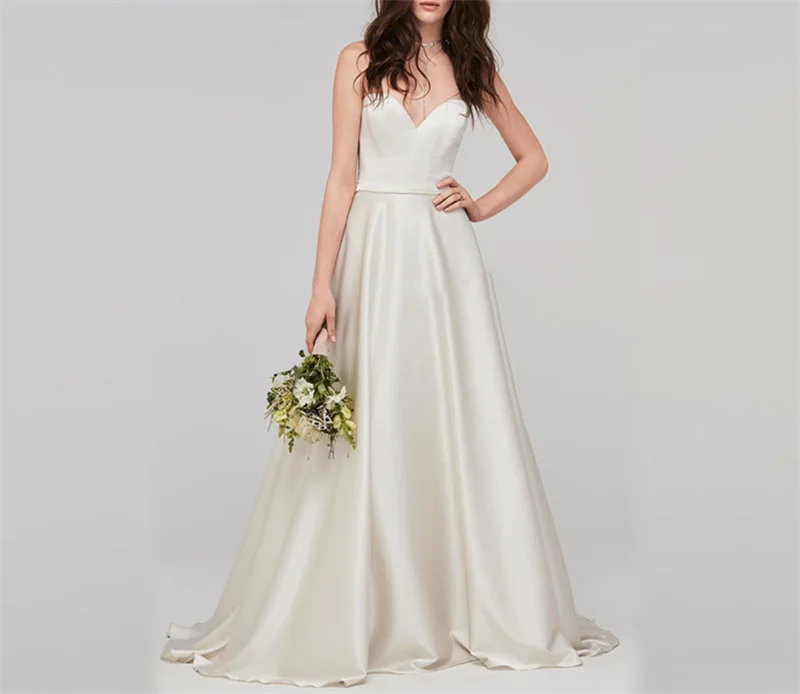 A-Line Open Back Sweetheart Sweep Train Satin Sleeveless Strapless Wedding Dress Bride Gown  Vestidos De Novia robe mariée