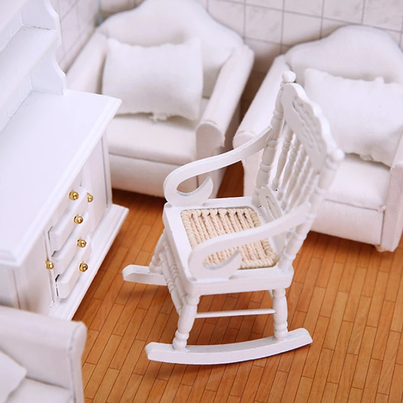 1/12 White/ Red Wooden Mini Dollhouse Rocking Chair Model Toy DIY Miniature Scenery Accessory For Dolls House Accessories