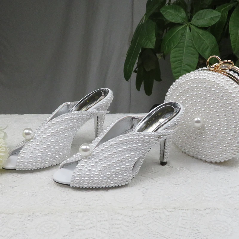 BaoYaFang 9cm White Pearl women wedding shoes And Bags Bride High heels shoes ladies party dress shoes woman Open Toe Slingbacks