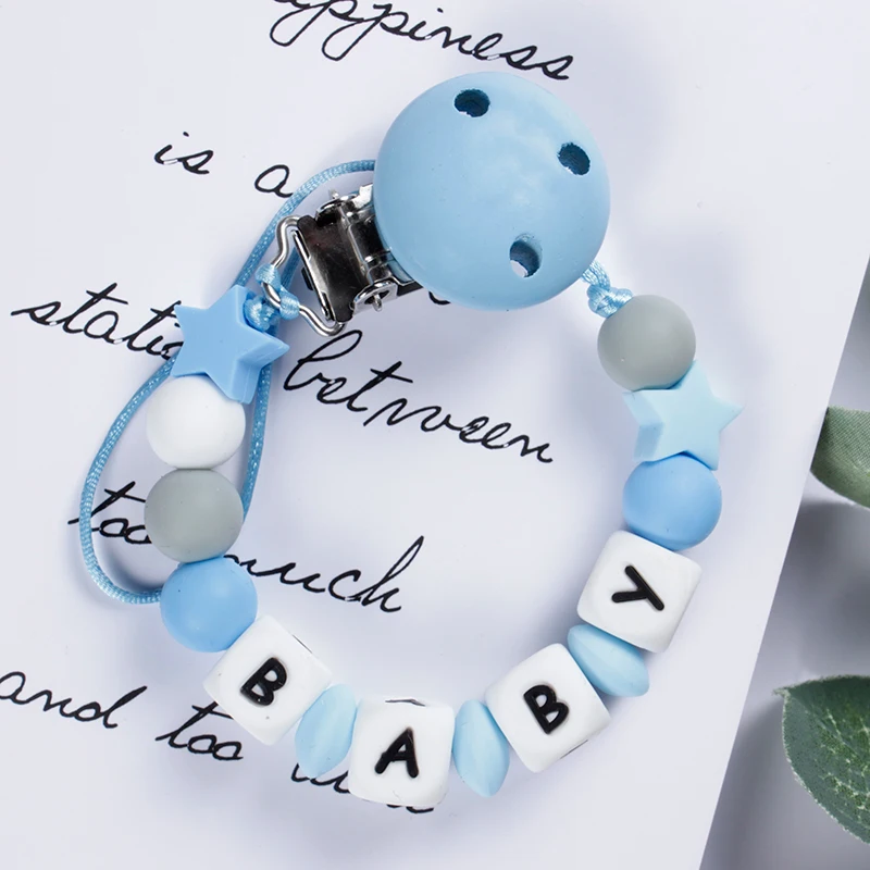 Neues Baby personal isierter Name handgemachte Schnuller Clips Halter Kette Silikon Schnuller Ketten Fünf-Sterne-Baby Beißring Beiß kette