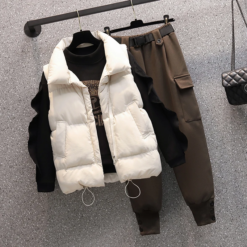 Plus Size 4XL Women Trouser Winter Warm Suit Vest Jacket Coat Sweatershirt Top Pant Three Piece Set Outfit Outwear Thicken Cloth