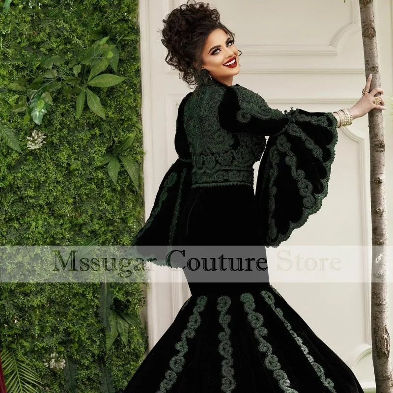 Traditional Albanian Black Mermaid Evening Dresses 2021 Flared Long Sleeves Applique Mermaid Celebrity Dress For Women