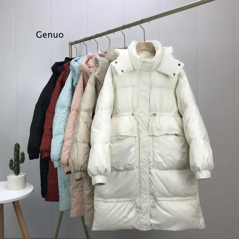 

Winter High Waist Hooded Long Feather Jacket Women Casual Loose Windbreak Snow Warm Outwear Lady 90% White Duck Down Coat