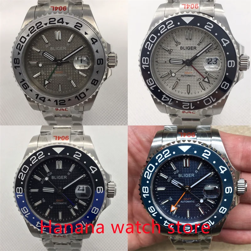 

43mm Bliger GMT GMT Mechanical Automatic Men's Watch Black Blue White dial Date Cyclops Eye 24-hour Pearl 3804 double hours