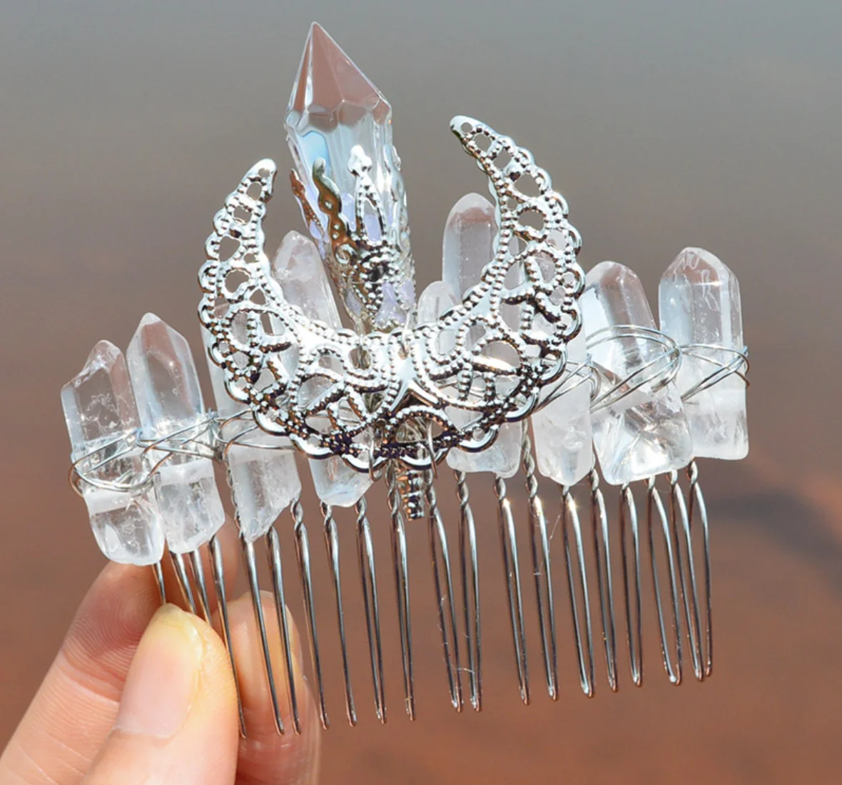 Moon crystal hair comb natural crystal diy moon raw crystal Wicca accessories wedding festival gift