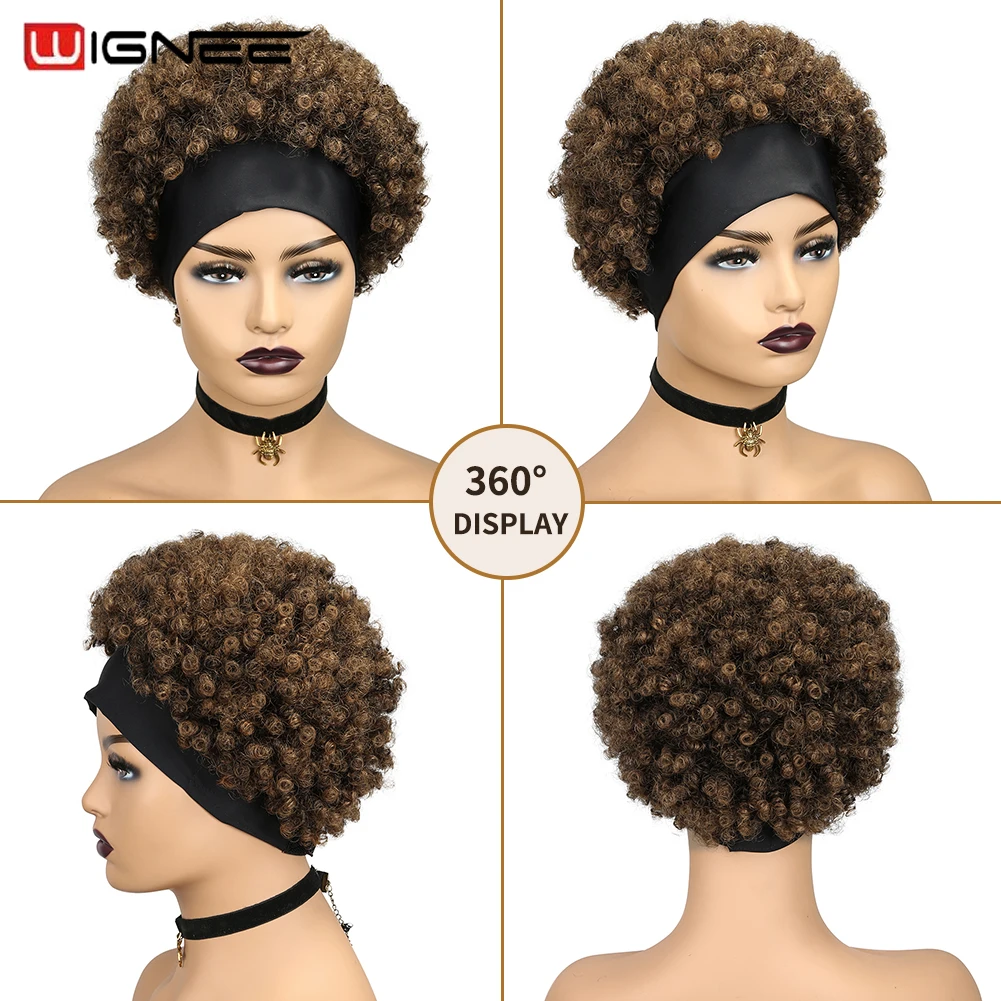 Wignee Afro Curly Headband Wigs Short Black Kinky Curly Wig 150% Density Glueless Afro Puff Wigs for African Women Head Wrap Wig