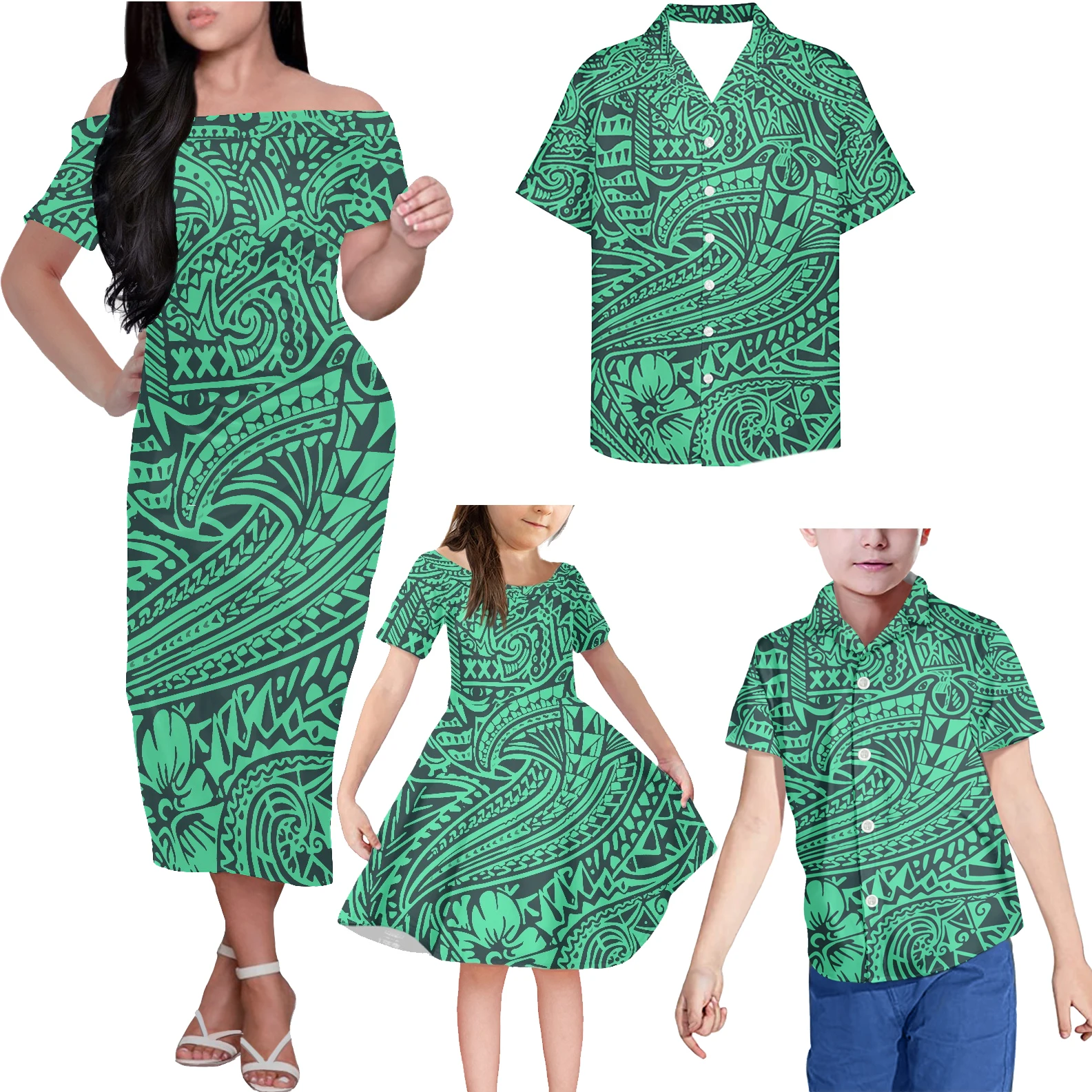 HYCOOL Elegant Casual White 4pcs Family Matching Outfits Polynesian Mommy And Me Floral Dress For Party Custom Mom Daughter Sets