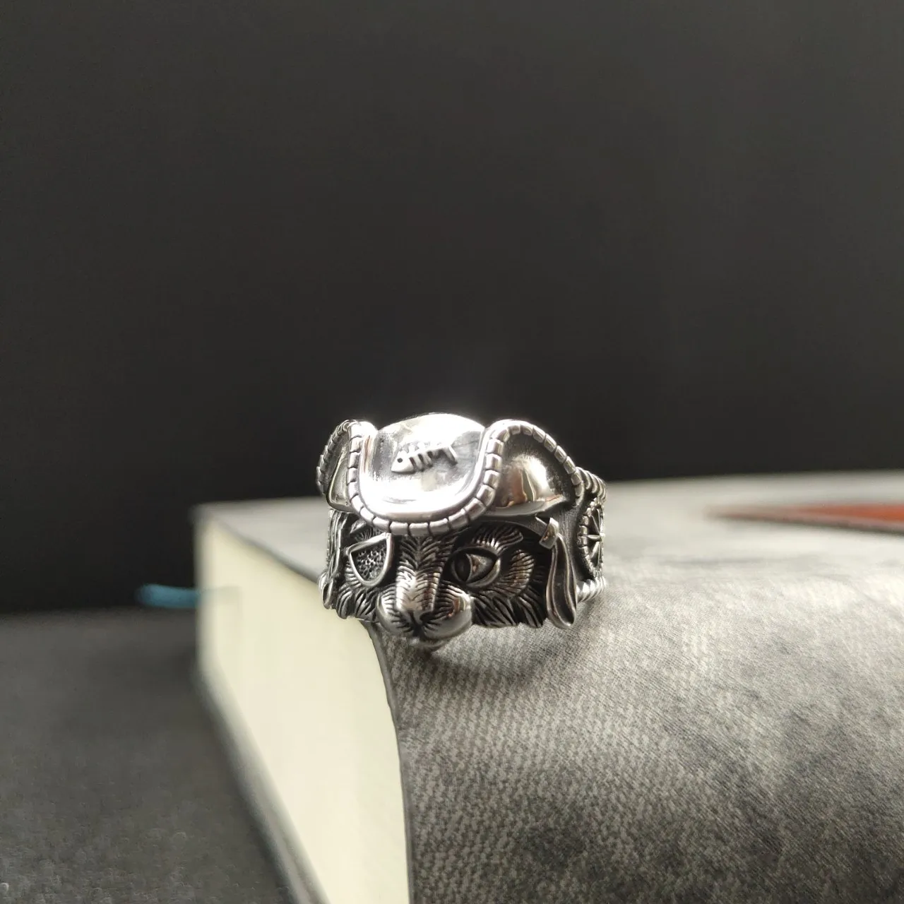 

National standard s925 sterling silver personality pirate ring cat open ring male and female same style