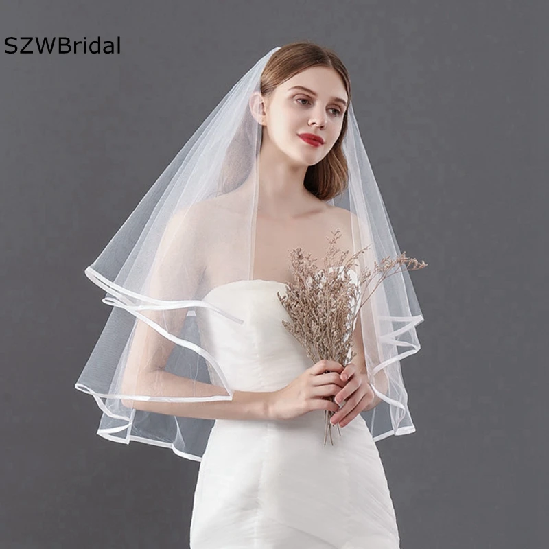 

In Stock White Ivory Short Bridal Veils Boda Cheap Wedding Veil Satin Edge Veu de noiva Bride accessoires mariage welon