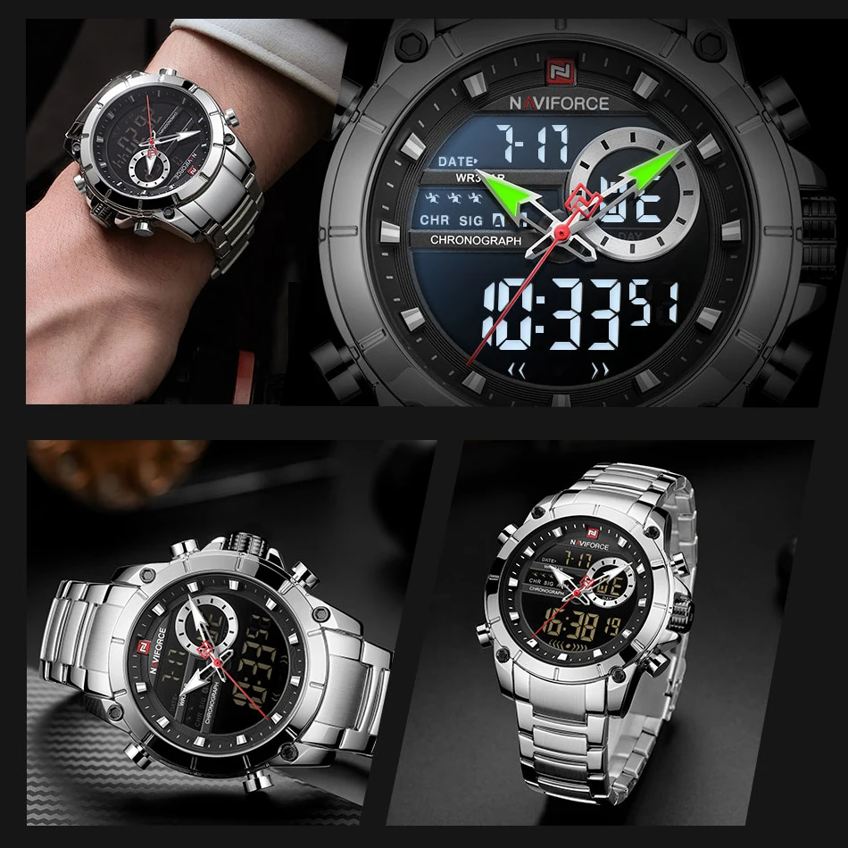 NAVIFORCE Casual Quartz Watch Men Stainless Steel Men Army Military Led Clock Male Waterproof Watches relogio masculino