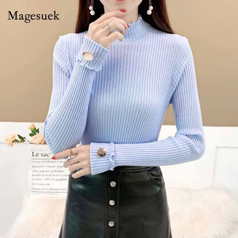 2020 Autumn New Slim-fit Cuff Button Core-spun Knitted Pullover Tops Fashion Turtleneck All-match Sweater Sueter Mujer 11035