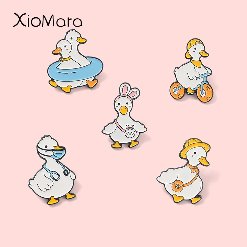 Traveling Duck Collection Enamel Pin Custom Stethoscope Swim Cycling Lovely  Duck Brooches Bag Lapel Badge Jewelry Gift For Kids