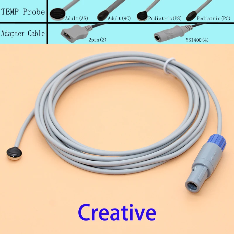 Reusable medical temperature probe for Creative monitor,2pin adult/pediatric skin surface/esophageal/rectal TEMP sensor.