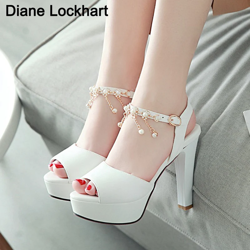 

Women Summer Shoes Classic White Pearl Chain Pumps Fish Mouth High Heel Ladys Platform Sandals Evening Dress Wedding Shoes Femal