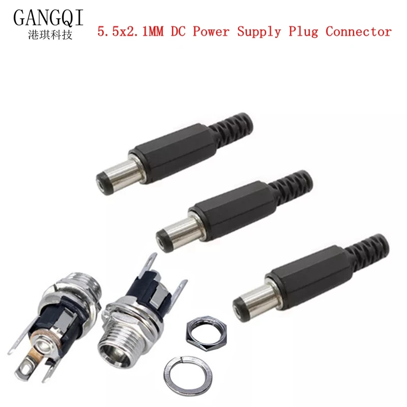 

5.5mm x 2.1mm 5.5x2.1 DC Power Supply Plug Connector + Female Metal Panel Mount Socket Jack Plug DC Connectors Terminal Adapter