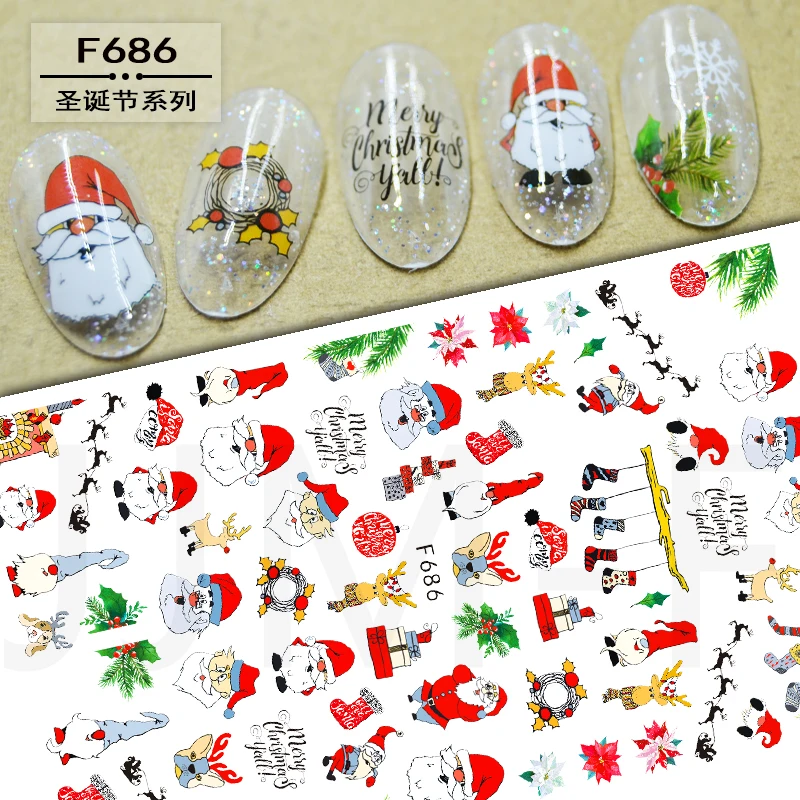 10 Stuks Kerst Serie Kerst Hert Nail Sticker Kerstboom Witte Sneeuwpop Diy Nail Slider Nagel Zelfklevende Sticker Decoratie