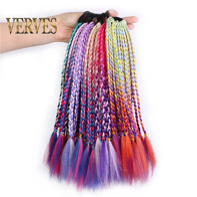 Ponytail Chignon Synthetic Hair Extension With Rubber Ring Ombre Braid Hairpiece Hair 12 inch Rainbow Color Girls Party Hair Tie