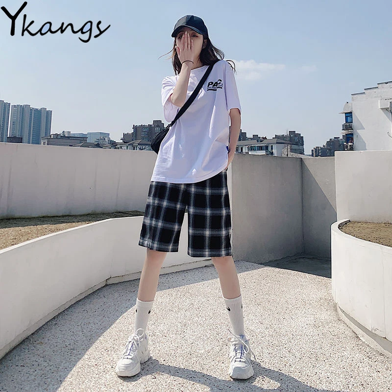 

High Waist Straight Vintage Plaid Shorts Women Summer Black Casual Shorts Feminino Sport Shorts for Women Pocket Running Korean