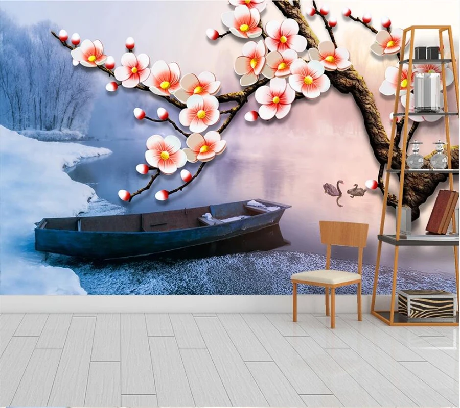 

Customized Wallpaper 3d Beautiful Purple Donglai Aoxue Plum Blossom Mural Flower Bird Lake Boat Artistic Conception Decoration