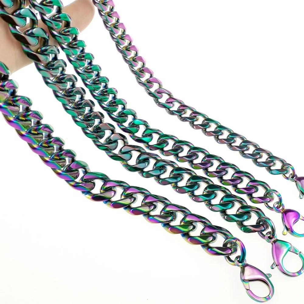 Stainless Steel Miami Curb Rainbow Cuban Link Chain Bracelet Necklace Set For Men 11~16mm width