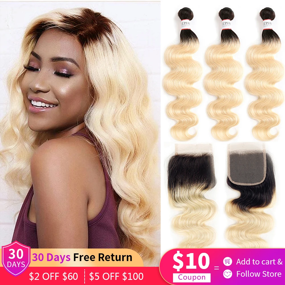 613 Body Wave Bundles With Closure Brazilian 9A Remy Human Hair 3 Bundles With 4x4 Lace Closure Ombre Honey Blonde Hair Euphoria