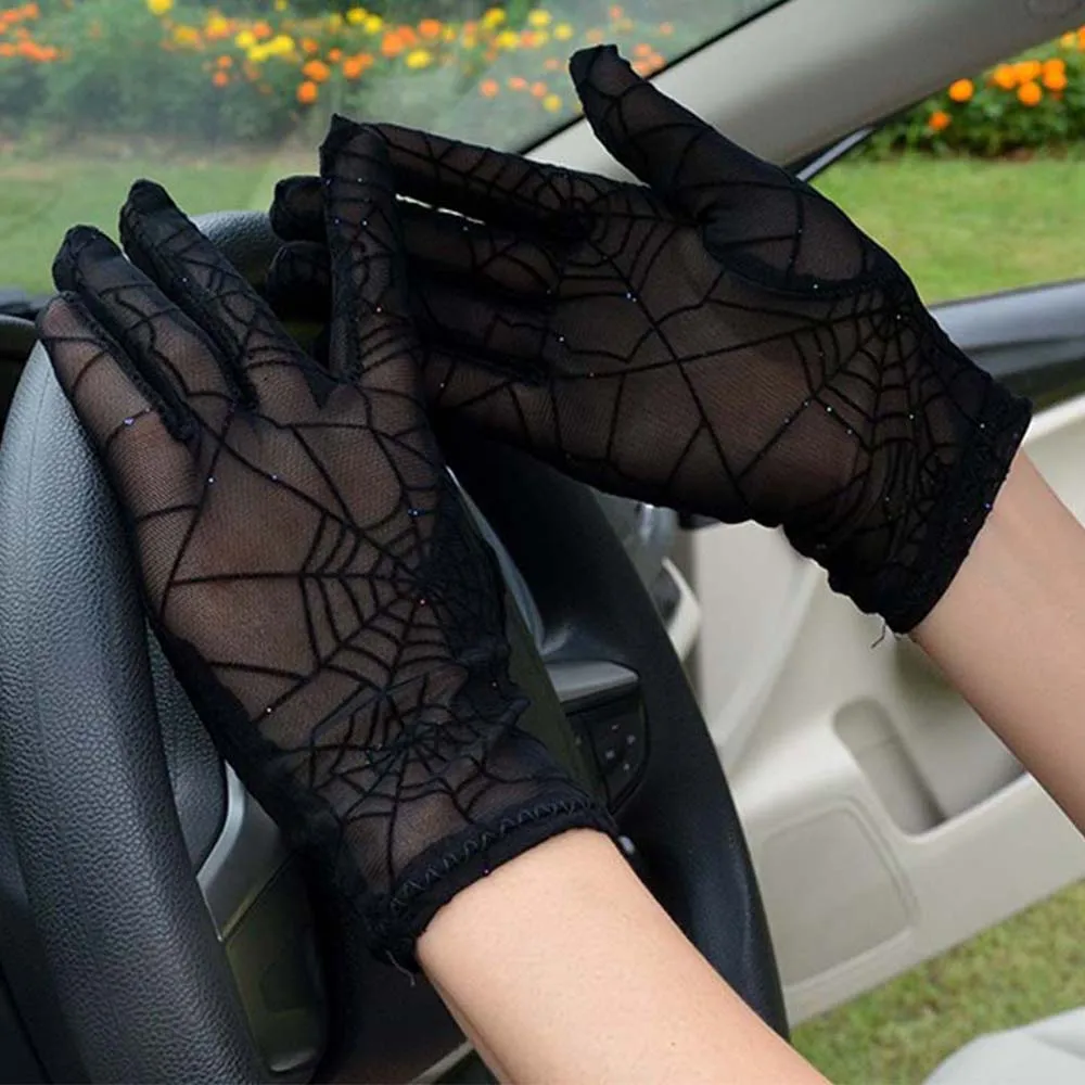 Fashion Sexy Summer Female Full Finger Short Lace Gloves Women Driving Spider Web Pattern Sun Anti-UV Black Gloves