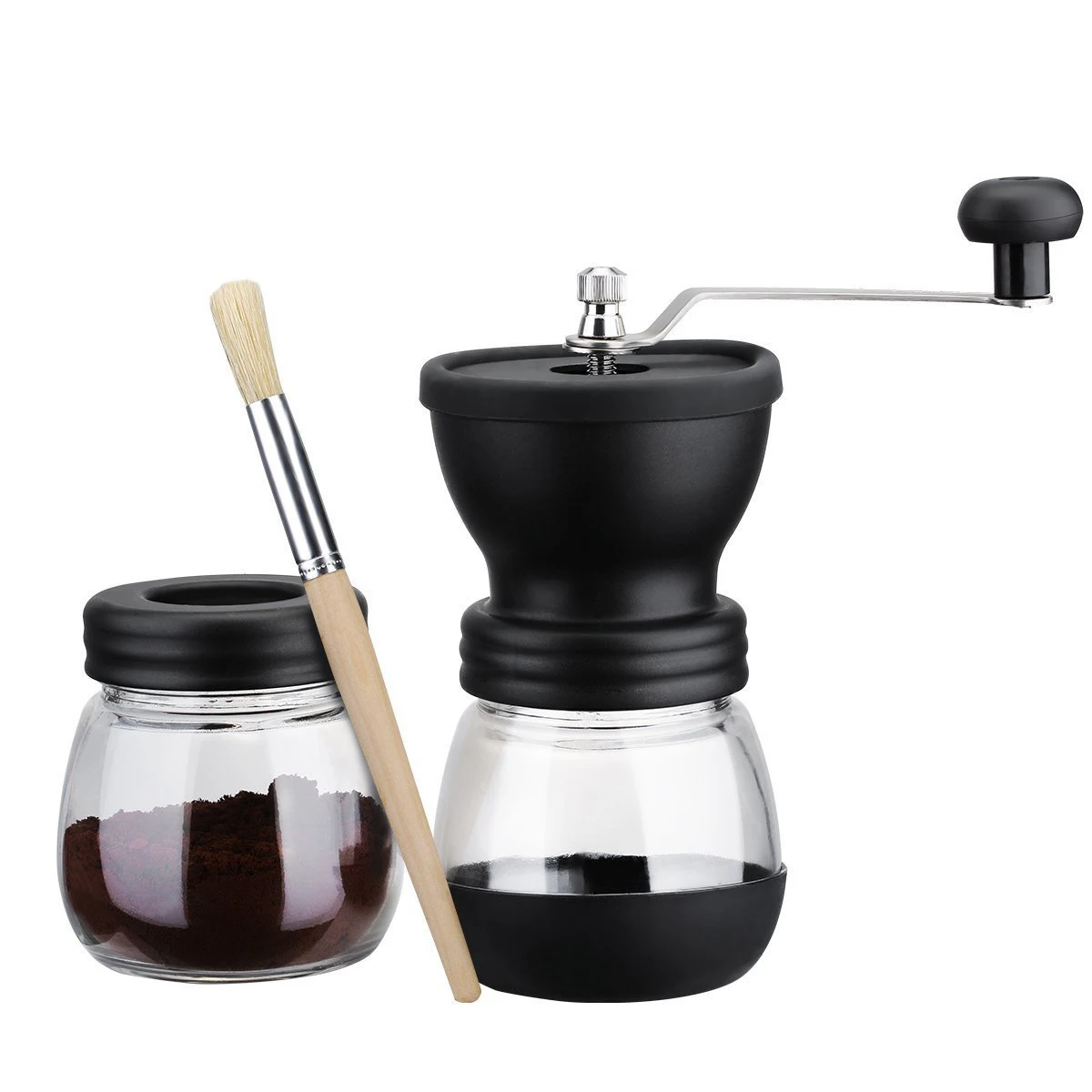 High Quality GLASS Manual Coffee Grinder with Storage Jar Soft brush Conical Ceramic Burr Quiet and Portable