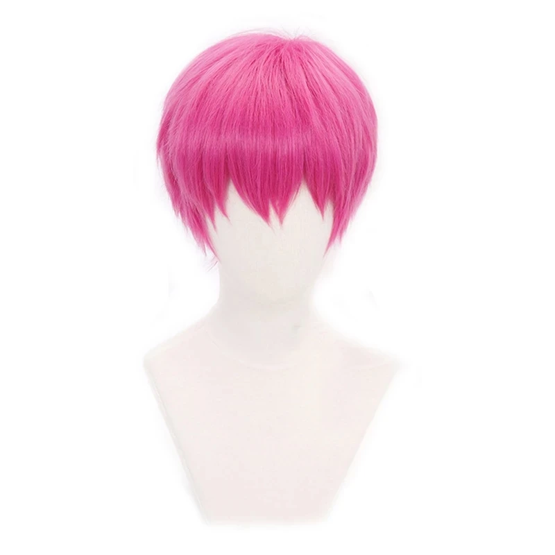 Anime The Disastrous Life of Saiki K. Cosplay Wig Saiki Kusuo Short Pink Synthetic Hair Wigs + Wig Cap + Hairpins + Glasses