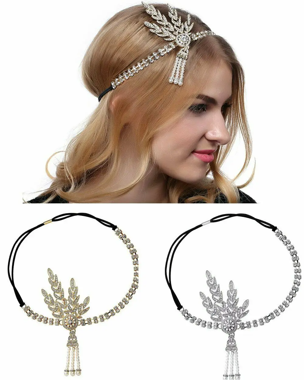 1920s 20s Great Gatsby golden black white Headband Vintage Bridal Flapper Costume Accessory